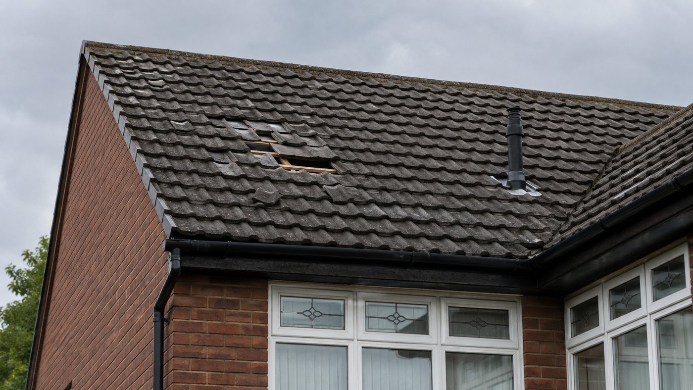 Damaged concrete-tiled roof with missing or slipped tiles above a house window.