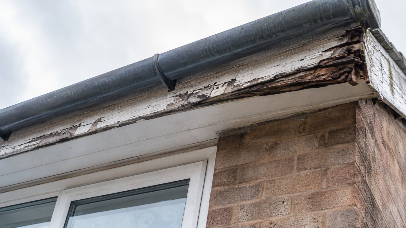 Rotten fascia board beneath a gutter at the roof edge of a brick house.