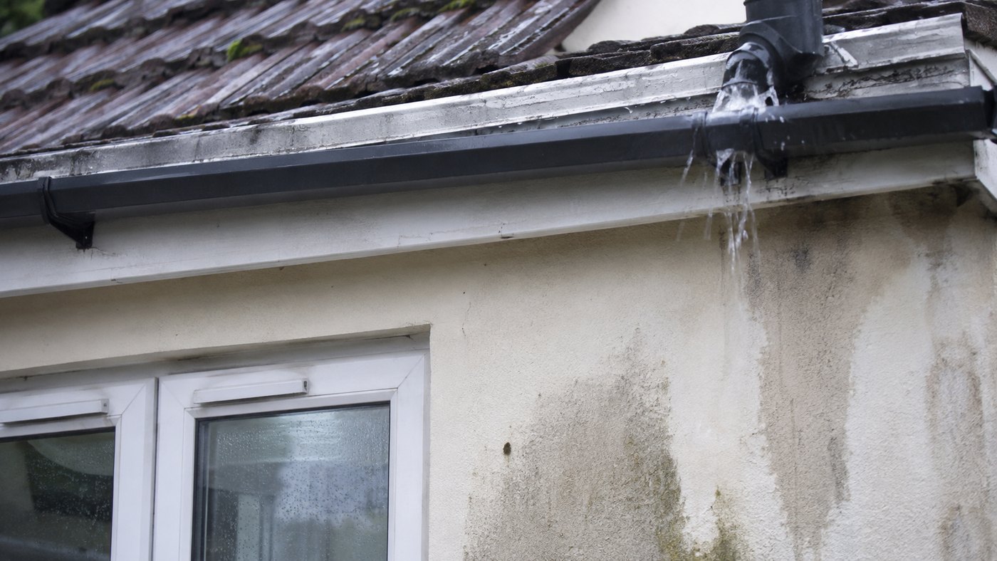 Overflowing gutter and downpipe soaking the wall beneath.